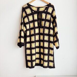 Zara Granny Squares Crochet Borwn Yellow Knee Lenght Dress M/L
